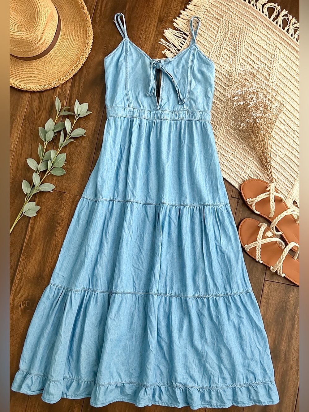 Trip Jeans Chambray Tiered Maxi Dress Small Blue Tie Front Boho Cottagecore